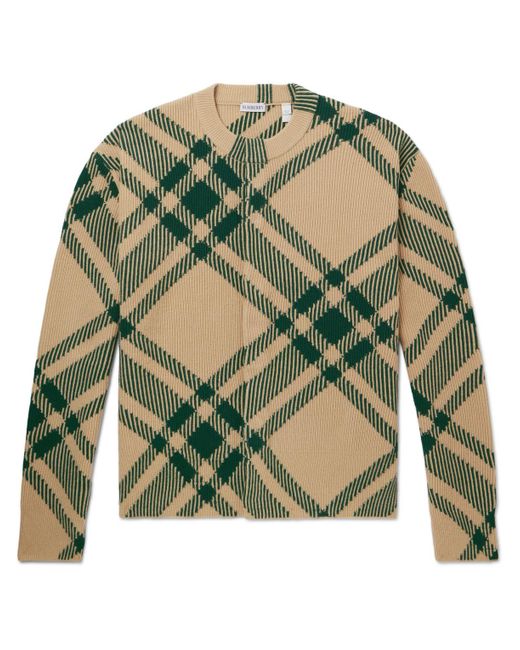 Burberry Green Checked Ribbed Wool-blend Cardigan for men