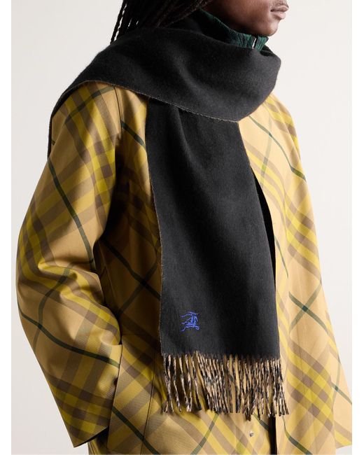 Burberry Black Reversible Logo-embroidered Fringed Cashmere Scarf for men