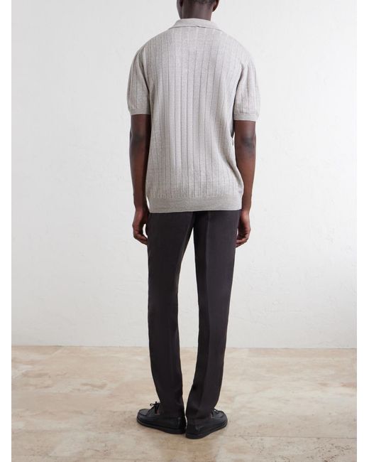 Boglioli White Open-Collar Ribbed Linen And Cotton-Blend Polo Shirt for men