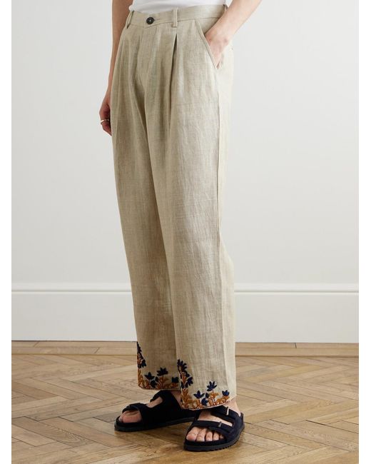 Kartik Research Natural Straight-Leg Embroidered Linen Trousers for men