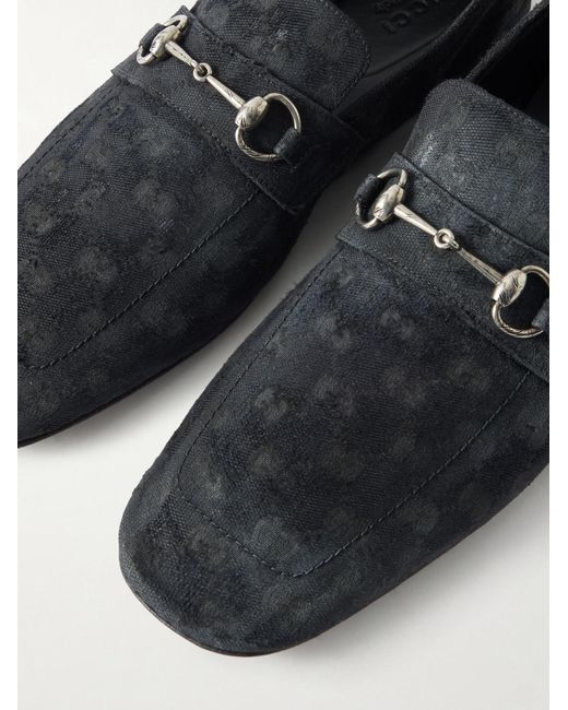 Gucci White Horsebit-Embellished Distressed Monogrammed Canvas Loafers for men