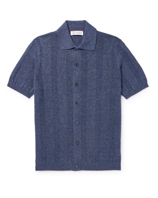 Brunello Cucinelli Blue Striped Linen And Cotton-blend Shirt for men