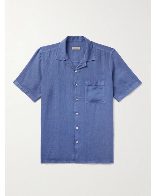 Canali Blue Camp-collar Linen Shirt for men