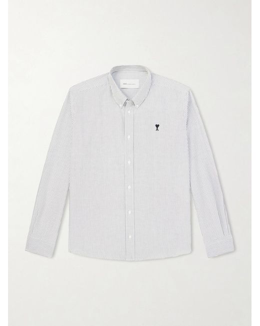 AMI White Button-Down Collar Logo-Embroidered Cotton Oxford Shirt for men