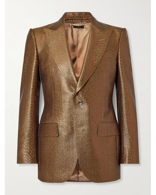 Tom Ford Brown Slim-Fit Croc-Effect Coated Wool-Blend Tuxedo Jacket for men