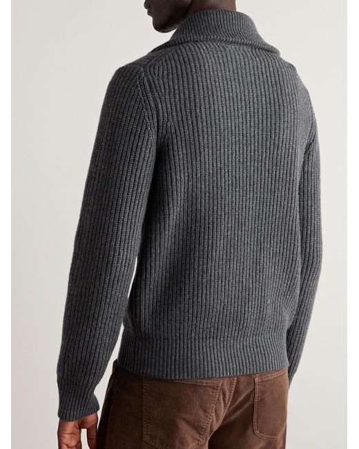 Nili Lotan Gray Ribbed-Knit Zip-Up Cardigan for men