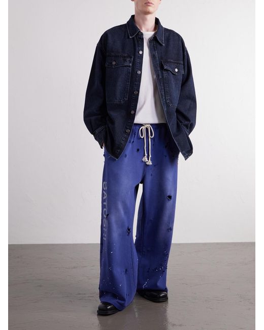 Satoshi Nakamoto Blue Luke Logo-Printed Paint-Splattered Distressed Cotton-Jersey Drawstring Sweatpants for men