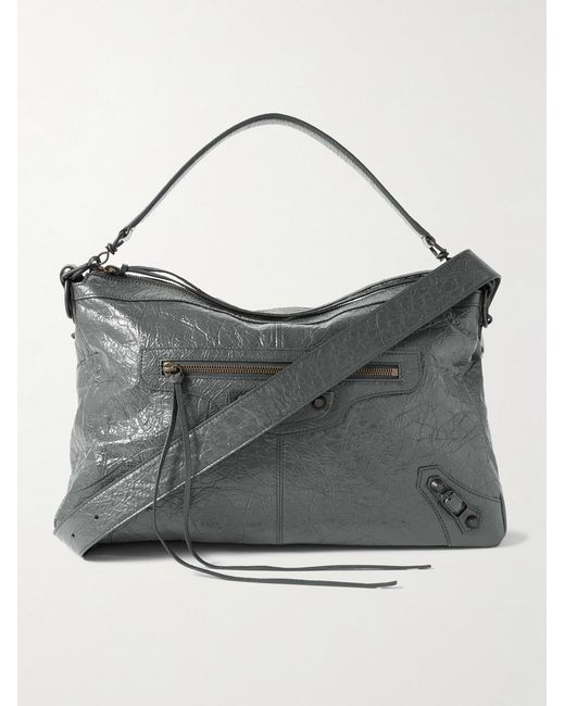 Balenciaga Gray Le City Moto Medium Embellished Crinkled-leather Messenger Bag for men