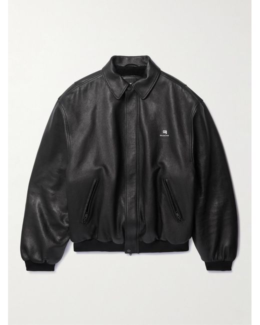 Balenciaga Black Logo-Embroidered Leather Blouson Jacket for men