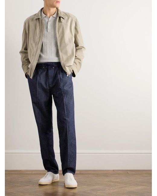 Brunello Cucinelli Blue Pleated Denim Drawstring Trousers for men
