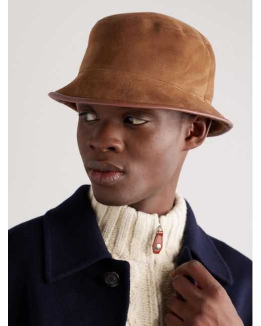 Loro Piana Brown Lys Reversible Leather-Trimmed Shearling Bucket Hat for men