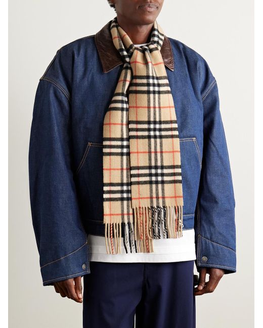Burberry White Fringed Checked Cashmere Scarf for men
