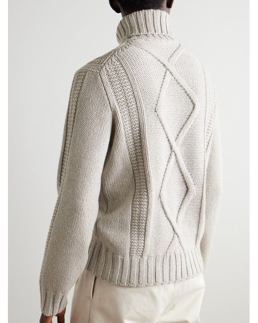 Brunello Cucinelli White Cable-Knit Cashmere Rollneck Sweater for men
