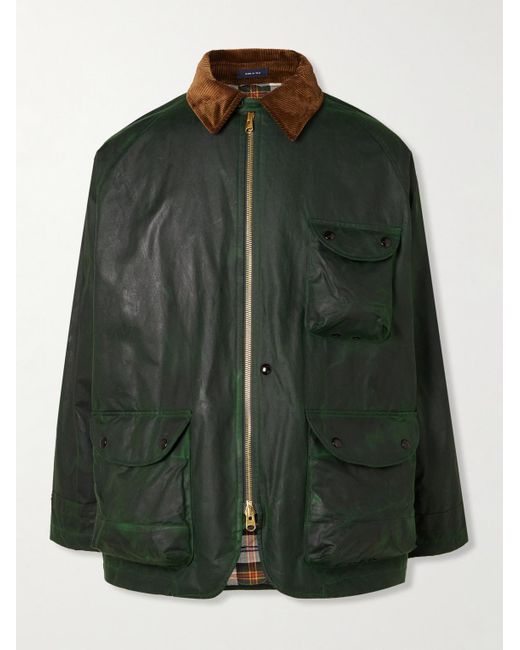 Drake's Green Corduroy-Trimmed Waxed-Cotton Jacket for men