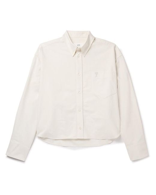 AMI White Oversized Cropped Button-down Collar Logo-embroidered Cotton Oxford Shirt for men