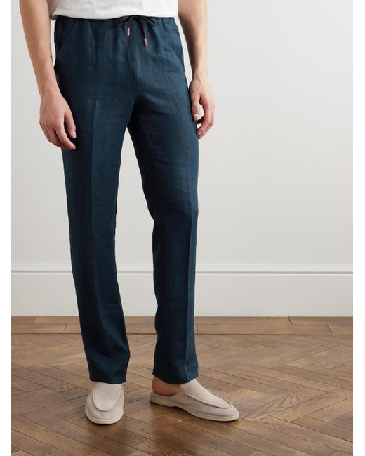 Kiton Blue Slim-Fit Straight-Leg Linen Drawstring Trousers for men