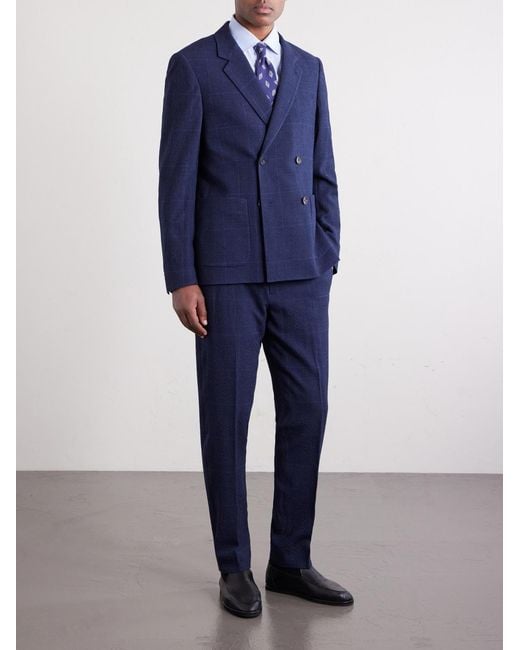 Mr P. Blue Double-Breasted Checked Wool-Blend Suit Jacket for men