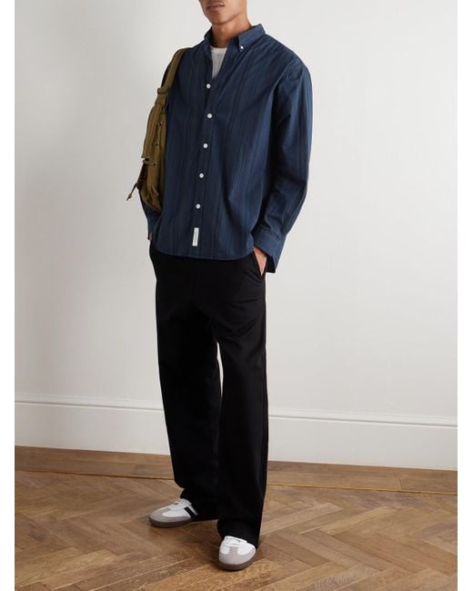 Button-Down Collar Striped Cotton-Broadcloth Shirt di (w)taps in Blue da Uomo