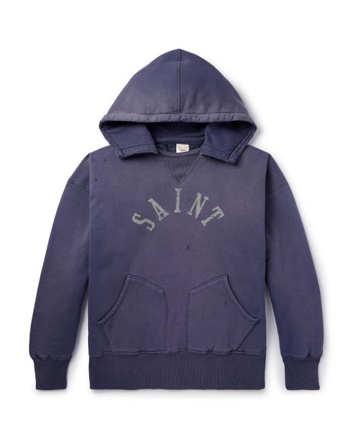 SAINT Mxxxxxx Blue Logo-print Distressed Cotton-jersey Hoodie for men