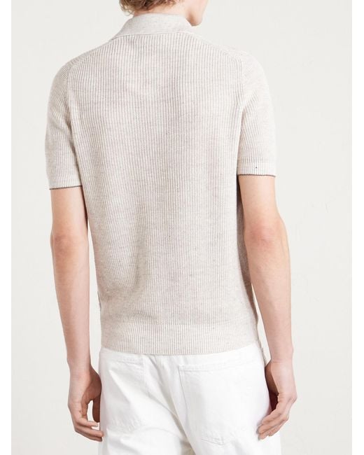 Brunello Cucinelli White Ribbed Linen And Cotton-blend Polo Shirt for men