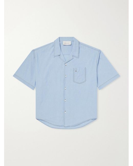AMI Blue Logo-Embroidered Cotton-Chambray Shirt for men