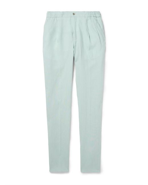 Rubinacci Blue Straight-Leg Linen Drawstring Trousers for men