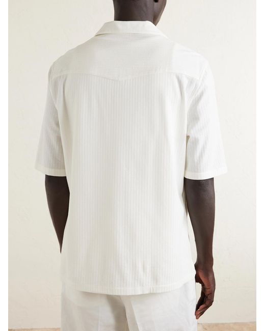 Brunello Cucinelli White Camp-collar Herringbone Cotton And Silk-blend Shirt for men