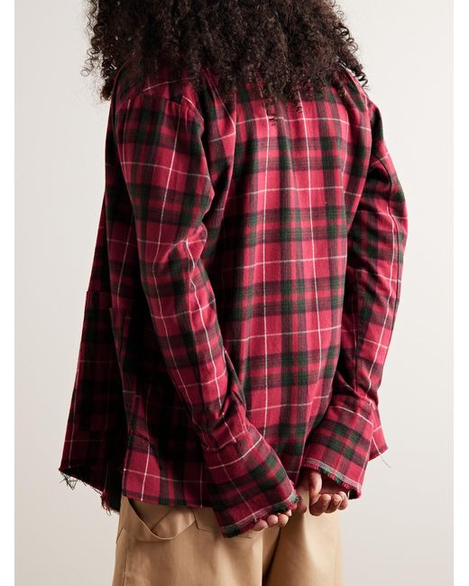 Greg Lauren Red Shawl-Collar Denim-Trimmed Checked Cotton-Flannel Cardigan for men