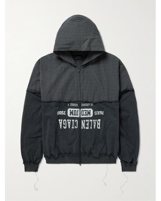 Balenciaga Black Distressed Logo-Print Checked Cotton-Twill And Jersey Hooded Jacket for men