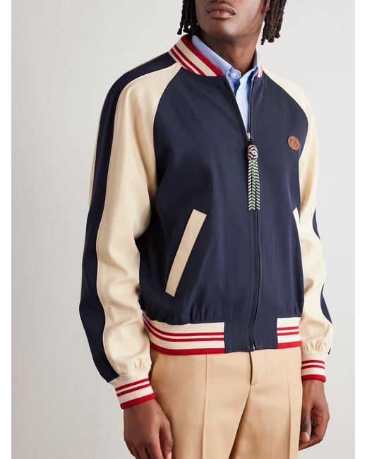 Valentino Garavani Blue Le Chat De La Maison Logo-Appliquéd Two-Tone Virgin Wool And Cotton-Blend Twill Bomber Jacket for men