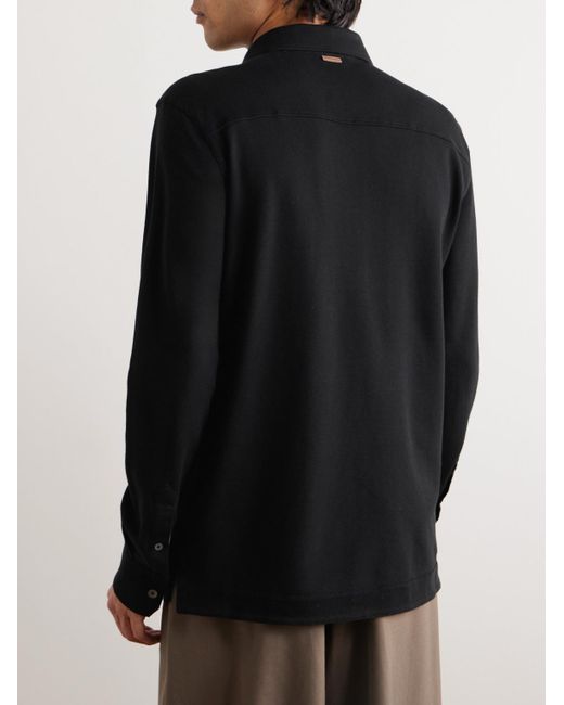 Zegna Black Leather-trimmed Cotton-piqué Polo Shirt for men