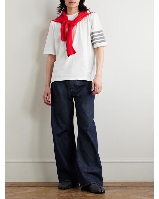 Thom Browne White Logo-Appliquéd Striped Cotton-Jersey T-Shirt for men
