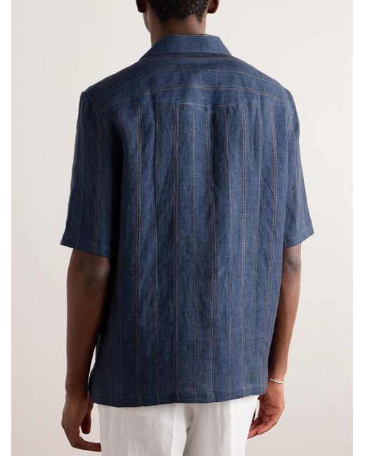 Brunello Cucinelli Blue Camp-collar Embroidered Striped Linen Shirt for men