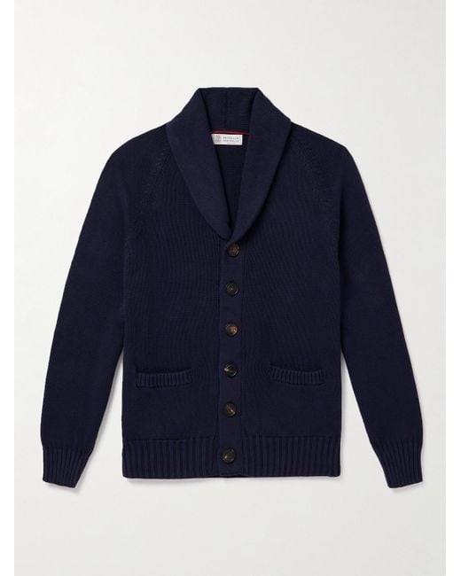 Brunello Cucinelli Blue Shawl-collar Ribbed Cotton Cardigan for men