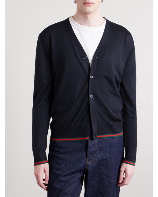 Gucci Blue Webbing-Trimmed Wool Cardigan for men