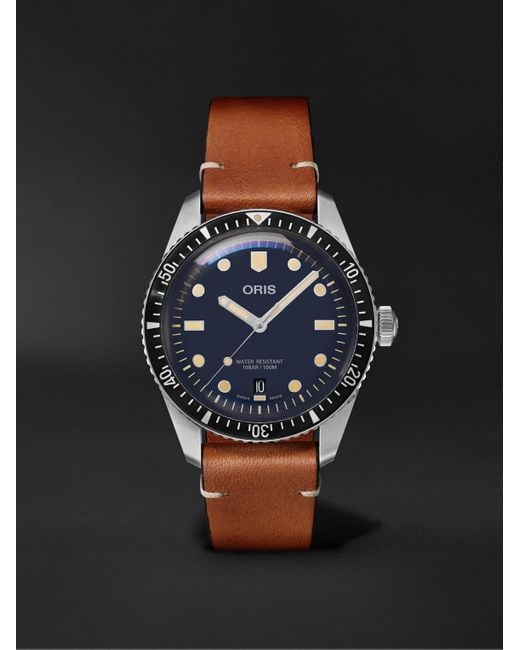 Oris Black Divers Sixty-Five Date Automatic 40Mm Stainless Steel And Leather Watch, Ref. No. 01 733 7707 4055-07 5 20 45 for men