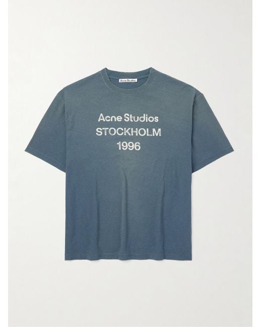 Acne Blue Exford Distressed Logo-Print Cotton And Hemp-Blend Jersey T-Shirt for men