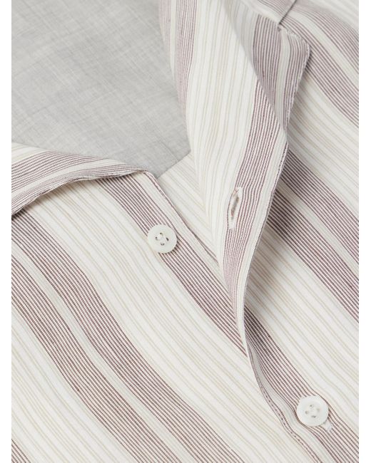 Camicia in misto lino e lyocell a righe con colletto aperto di Brunello Cucinelli in White da Uomo