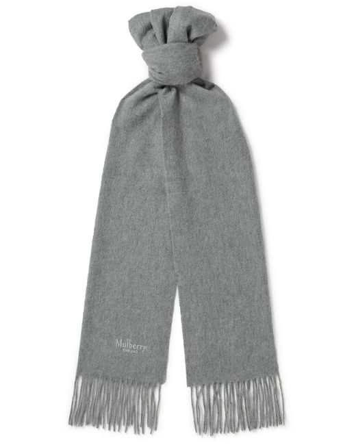 Mulberry Gray Fringed Logo-embroidered Cashmere Scarf for men