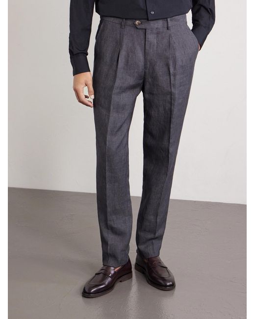 Brunello Cucinelli Gray Slim-fit Pleated Linen Suit Trousers for men