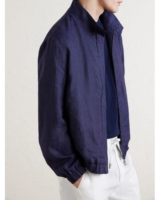 Canali Blue Linen Bomber Jacket for men