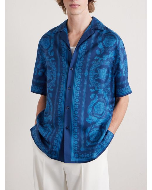 Versace Blue Camp-Collar Printed Silk-Twill Shirt for men