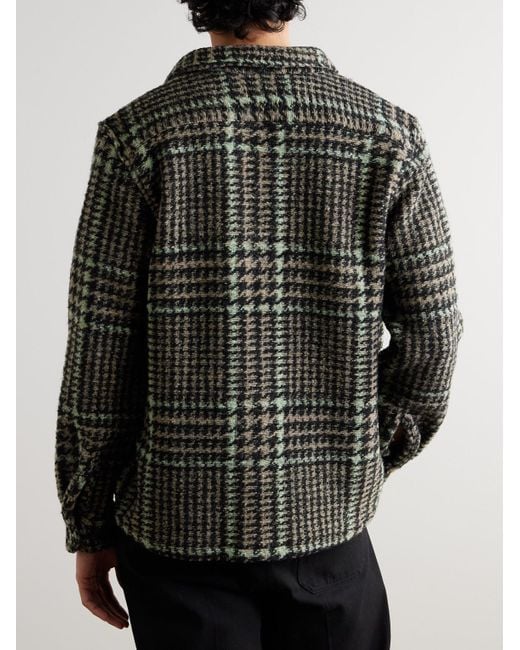 Portuguese Flannel Green Earthy Checked Knitted Wool Overshirt for men