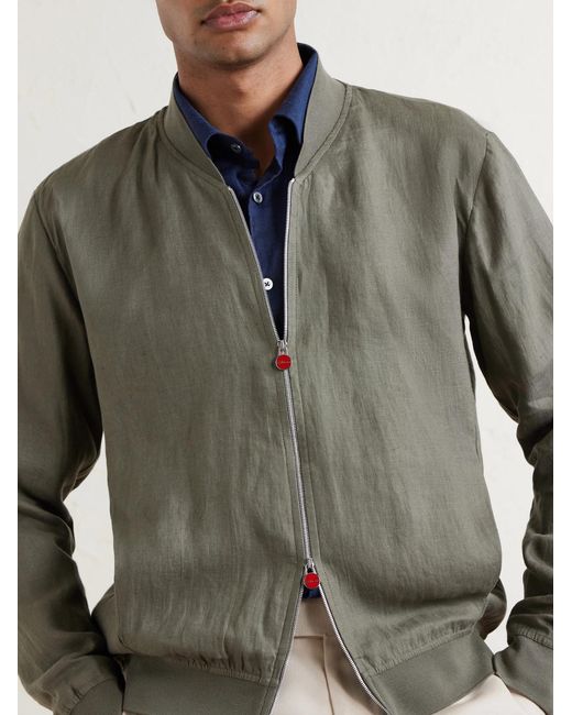 Kiton Green Lightweight Linen Zipped Bomber Jacket for men