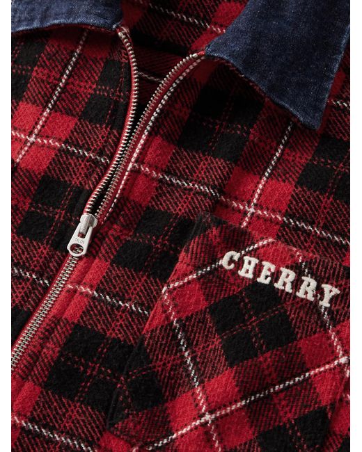 CHERRY LA Chambray-trimmed Logo-embroidered Checked Cotton-flannel Shirt Jacket for men