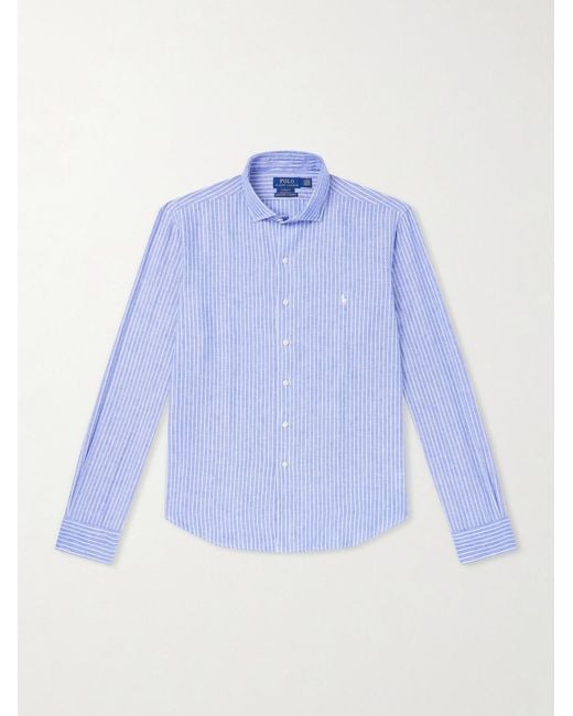 Polo Ralph Lauren Blue Striped Logo-Embroidered Cotton And Linen-Blend Seersucker Shirt for men