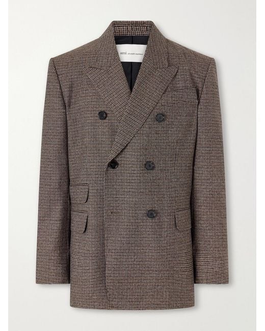 AMI Brown Double-Breasted Houndstooth Virgin Wool Blazer for men
