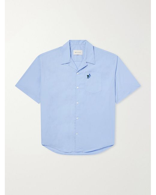 AMI Blue Logo-Embroidered Cotton-Poplin Shirt for men