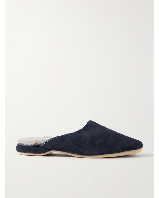 Derek Rose Blue Shearling-Lined Suede Slippers for men