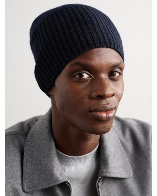Allude Blue Ribbed Cashmere Beanie for men